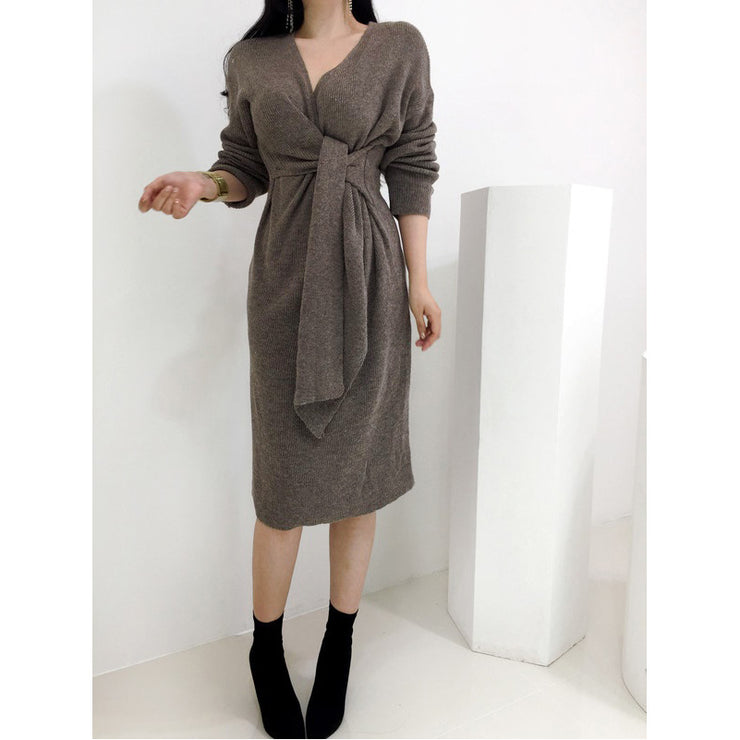Copenhagen Thick Casual V Neck Sweater Dress, Women Warm Autumn Winter Solid Korean Jumper Dresses Knitted Knitwear. loveyourmom Love Your Mom Camel One size 