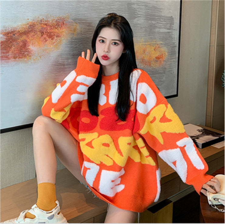 Cartoon Sweater For Women Loose Thick Western Style Women's Clothing loveyourmom Love Your Mom Orange Free Size 