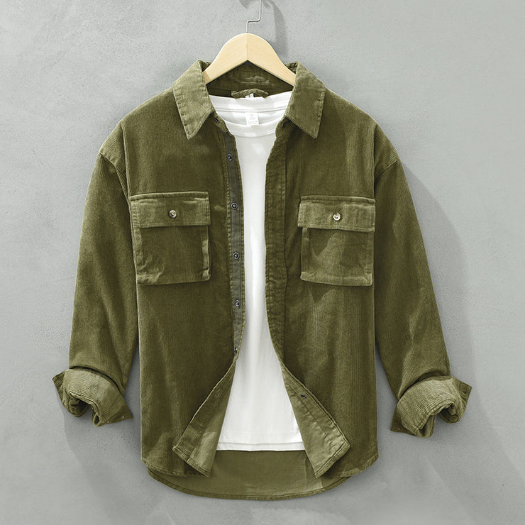 Men's Corduroy Velvet Shirt Jacket, Japan Style Retro 100% Cotton Cargo Trendy Workwear Tops - Color: green, sapphire blue, brown 1 1 Green L 