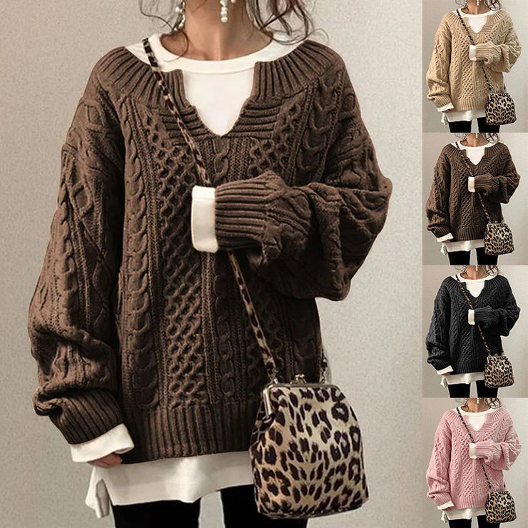 Paris Retro Cable Knit Sweater for Women V Neck Loose Casual Pullover Solid Color Fashion Jumper Tops Long Sleeve Comfort Soft Sweaters loveyourmom Love Your Mom   
