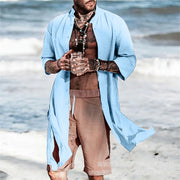 Beach Attire Men Solid Long Sleeve Shirt Cloak Button cotton and linen  - Black, sky blue, brown 1 1 Sky Blue L 