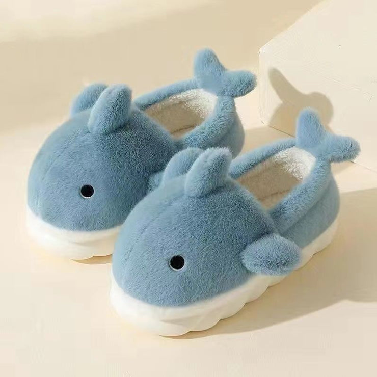 Plush Couple Slippers, Warm Cute Dolphin Shark Cozy Slippers, Winter Indoor Fluffy Slippers, House Home Slippers, Animal Shape Bedroom Slippers, Anti-Slip 1 1 Blue Shark with Heel 36or37 