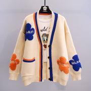 Japan Art Knitted Cardigan Sweater, Designer Women Streetwear Cardigan, Warm Cozy Sweater, Aesthetic Cardigan Sweater 1 1 Apricot 2XL 