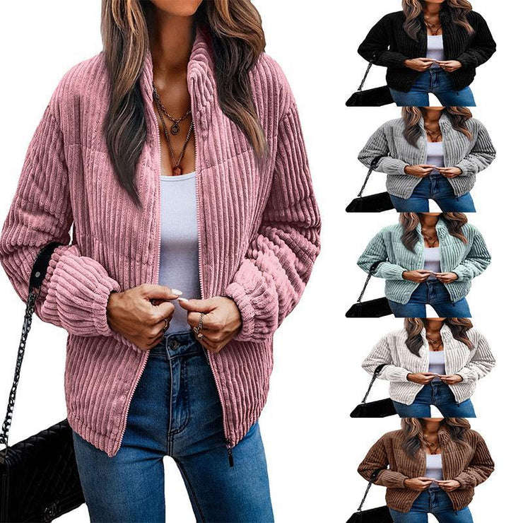 Detroit Quilted Corduroy Shacket Jackets, Spring/Fall jacket Cropped Jacket Zip Up Drop Shoulder Long Sleeve Coat - frühlingsoutfit damen 2024 übergangsjacke loveyourmom Love Your Mom   