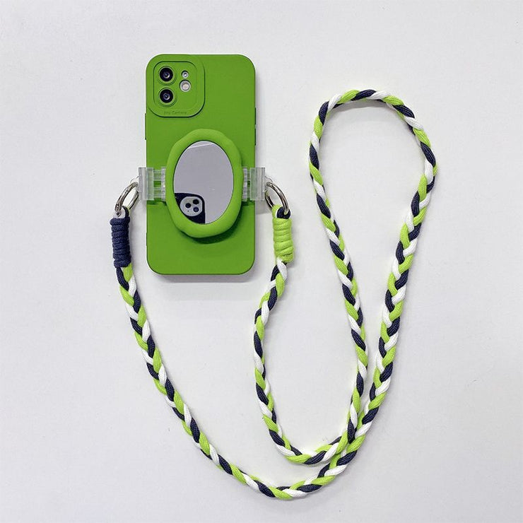 Green Mirror iPhone 14 Case + Crossbody Strap, Boho Back Splint Lanyard Shell iPhone Case 1 1   