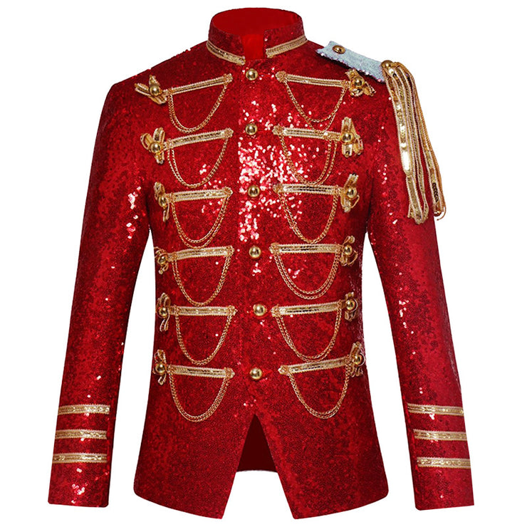 Men's Luxurious Sequin Blazer | Sparkling Fashion Military Uniform Suit Jacket | Party Prom Vintage Jacket Tops loveyourmom Love Your Mom Red 2XL 