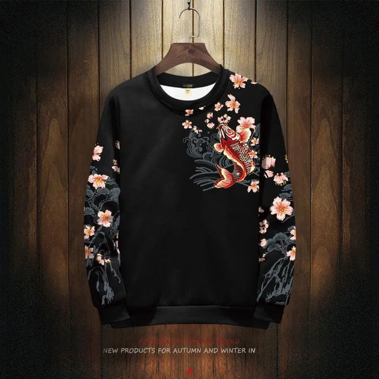 Round Neck Koi Sweater Men’s, Warm Cozy Sweater, Trendy Fashion Japanese Sweater, Long Sleeve Slim Fit Western Aesthetic Sweater 1 Love Your Mom Black 2XL 