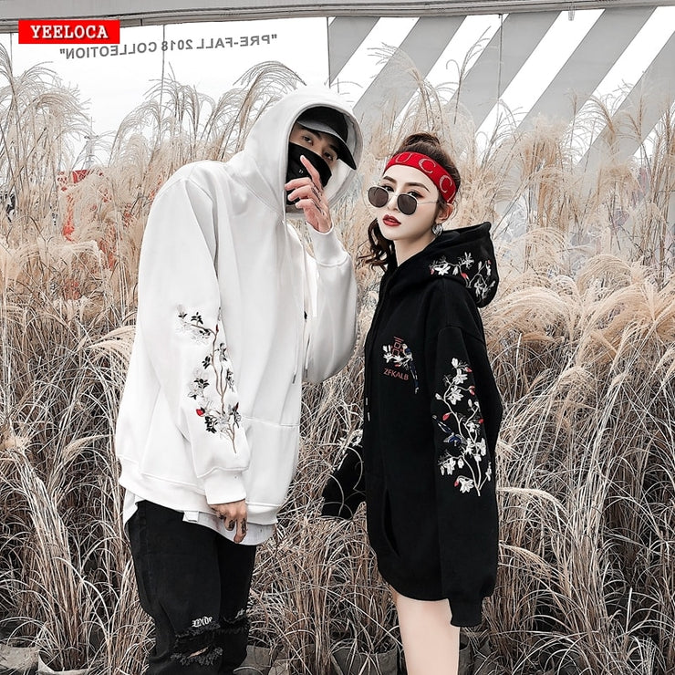 Floral Embroidered Couple Hoodie, Japan Art Trendy Pullover Matching Hoodie, Plus Size Winter Minimalist Hoodies 1 1   