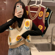 London Sunflower Knitted Vest, Crochet Cardigan Sweater, Designer Winter Vest, Stitched Sweater for Girls Women, Cute Aesthetic Vest 1 1   