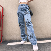 Cute Printed Butterfly Vintage Denim Jeans, Distressed Loose Pants Gothic Grunge Dark Trousers Street Style Straight loveyourmom Love Your Mom   