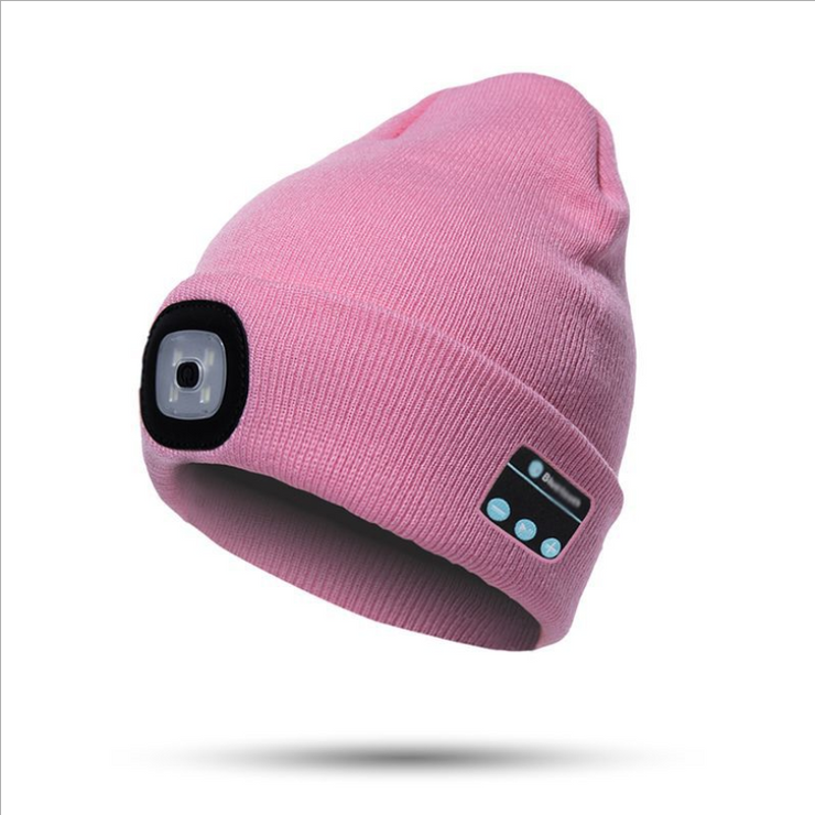 Bluetooth LED Beanie Hat, Dual stereo headphones warm hat bluetooth 5.0 headset LED lighting wireless music player dimmable light mobile phone call hats 1 1 Pink  