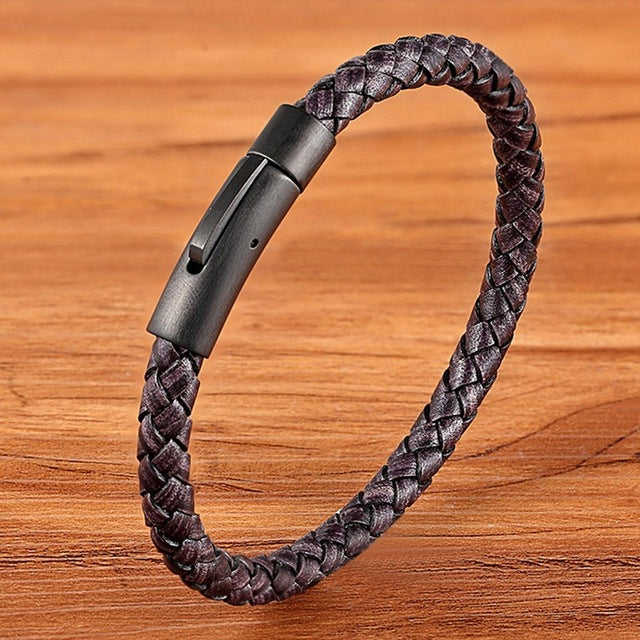 Classic Style Men Leather Bracelet. Black Stainless Steel Button. Neutral Accessories. Hand-woven Jewelry Gifts 1 1 Grey  
