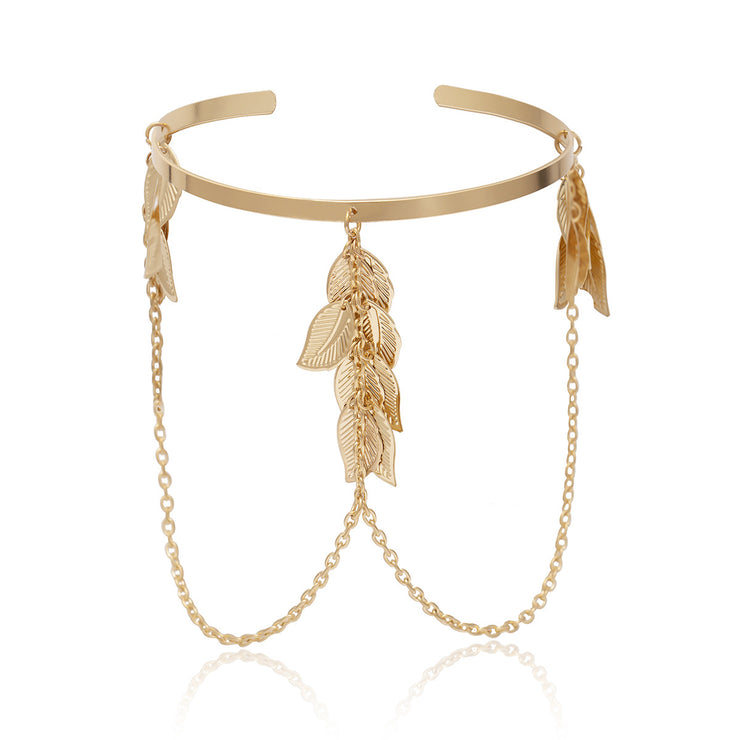 Roman Greek Leaf Feather Chain Tassels Bracelet Arm Cuff Band Open Upper Armband Armlet Adjustable Costume Jewelry for Women Girls Wedding, Gold 1 1 Gold  