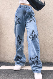 Cute Printed Butterfly Vintage Denim Jeans, Distressed Loose Pants Gothic Grunge Dark Trousers Street Style Straight loveyourmom Love Your Mom Light Blue L 