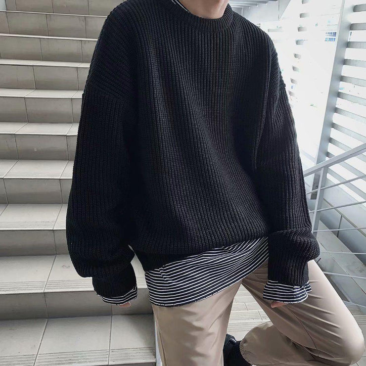 Korean Fashion Sweaters Wool oversized knitted rib crew neck jumper Sweaters, Men Solid Color Slim Fit Men Street Knitted Sweater - Black , Blue ,Brown,Orange ,Green 1 1 Black 2XL 