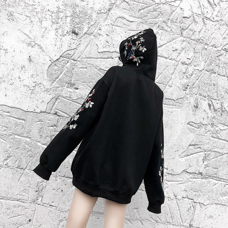Floral Embroidered Couple Hoodie, Japan Art Trendy Pullover Matching Hoodie, Plus Size Winter Minimalist Hoodies 1 1 Black L 