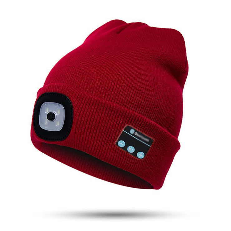 Bluetooth LED Beanie Hat, Dual stereo headphones warm hat bluetooth 5.0 headset LED lighting wireless music player dimmable light mobile phone call hats 1 1 Red  