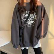 Retro Brooklyn Round Neck Loose Fit Sweater, Aesthetic Leisure Sweater Women, Warm Cozy Sweater, Stylish Soft Winter Fuzzy Sweater Handmade 1 1 Dark Grey 2XL 