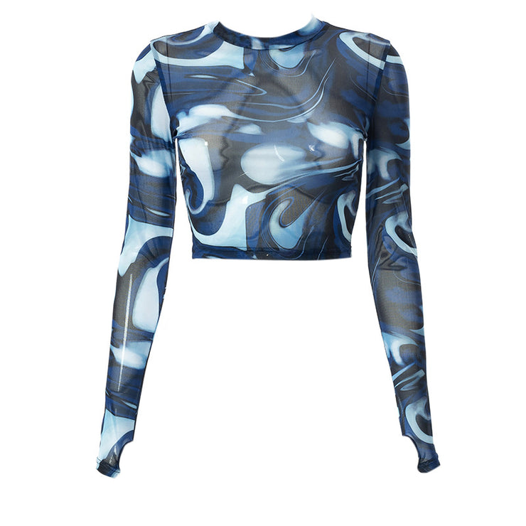 Women See Through Rave Cropped Top, Casual Pullover Navel Tops, Round Neck Long Sleeve Tops, Evening Wear Tops 1 1   