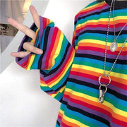 Rainbow Stripes Shirt Women, Loose Fit Long Sleeve tshirt, Oversized Aesthetic Streetwear Shirt, Stylish Modern Shirt for Girls, Gifts for Her 1 1   