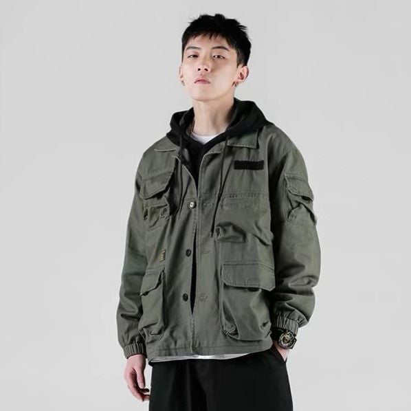 Army Green Men Jackets, Korean Style Techwear Tooling Jacket. Hip Hop Multi-Pockets Loose Plus Velvet Thick Cotton 1 1   