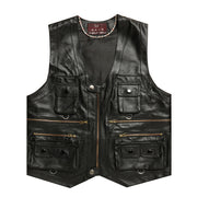 Men Genuine Leather Vest Brown, Multi Pocket Zipper Waistcoat, Thick Motorcycle Plus Size Sleeveless Jacket Vest Cowhide loveyourmom Love Your Mom Black leather journalist suit 2XL 