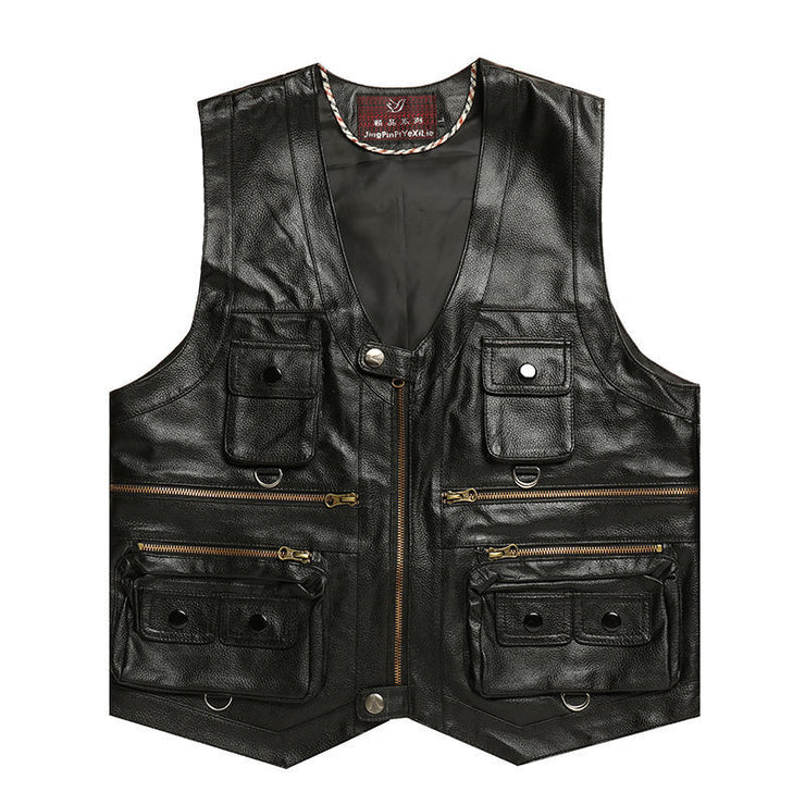 Men Genuine Leather Vest Brown, Multi Pocket Zipper Waistcoat, Thick Motorcycle Plus Size Sleeveless Jacket Vest Cowhide loveyourmom Love Your Mom Black leather journalist suit 2XL 