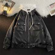 Berlin Raver Two-piece Hooded Coat Jacket, American Vintage Thickened Pu Motorcycle Jacket loveyourmom Love Your Mom   