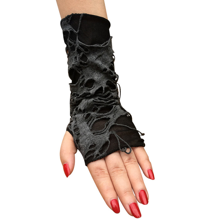 Punk Gothic Cosplay Party Beggar Style Long Masquerade Fingerless Arm Hand Warmer Gloves, Black Ripped Punk Dark Gloves 1 1   