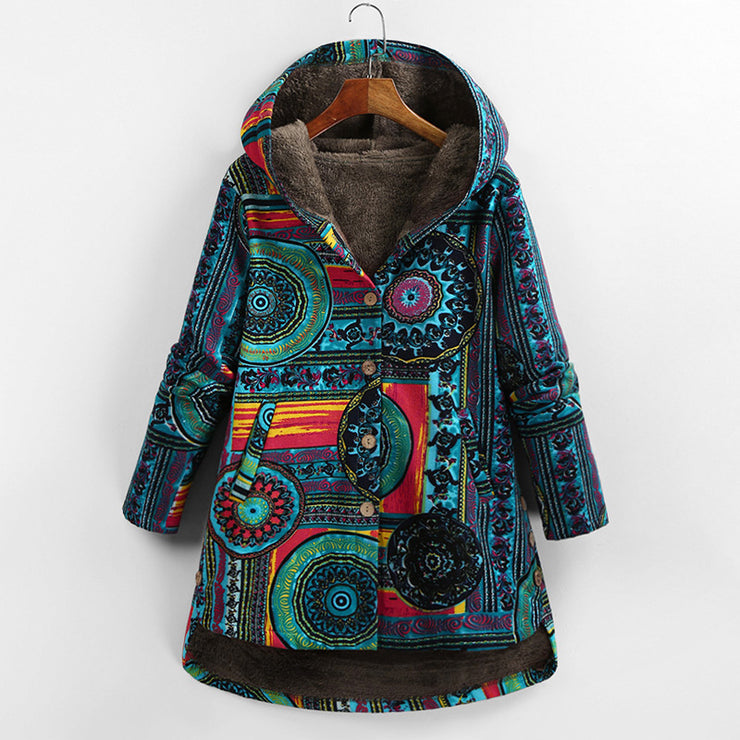 Floral Hooded Jacket for Women - Retro Plus Size Button Coa - Retro Ethnic. 1 1 Blue 2XL 