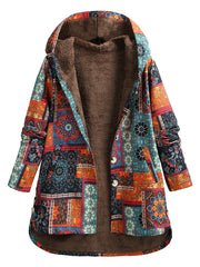 Floral Hooded Jacket for Women - Retro Plus Size Button Coa - Retro Ethnic. 1 1 Orange 2XL 