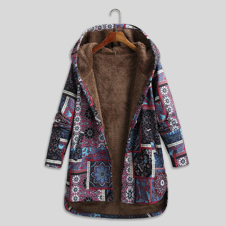 Floral Hooded Jacket for Women - Retro Plus Size Button Coa - Retro Ethnic. 1 1 Purple 2XL 