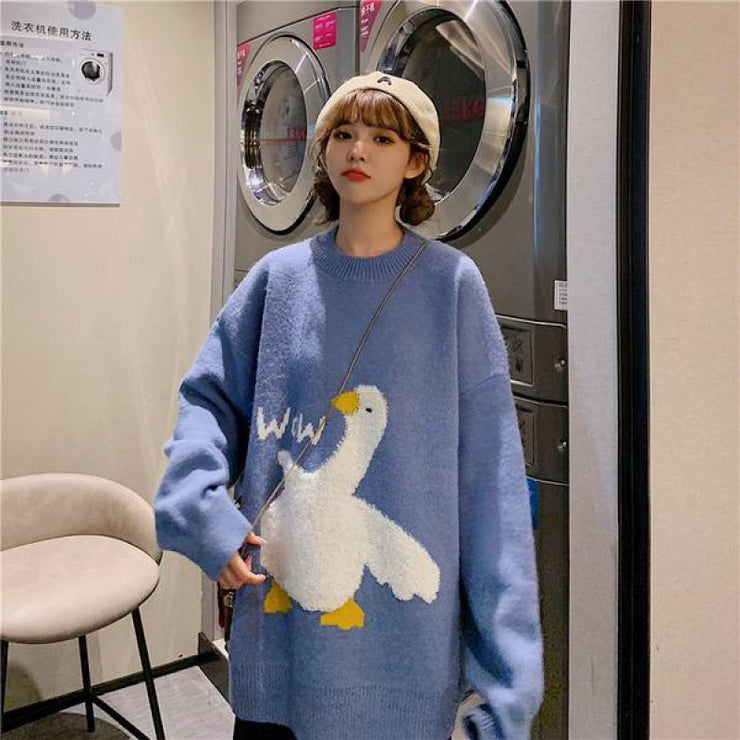 Lazy Duck Printed Cozy Sweater, Warm Winter Couple Aesthetic Sweater, Plus Size Japanese Sweater, Streetwear Couple Outfit 1 1 Blue S 