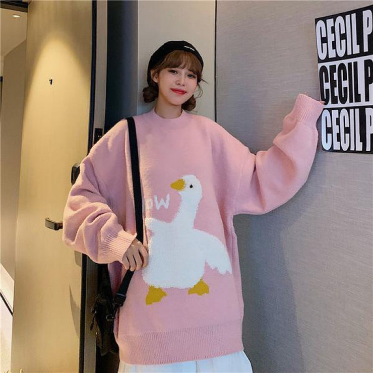 Lazy Duck Printed Cozy Sweater, Warm Winter Couple Aesthetic Sweater, Plus Size Japanese Sweater, Streetwear Couple Outfit 1 1 Pink S 