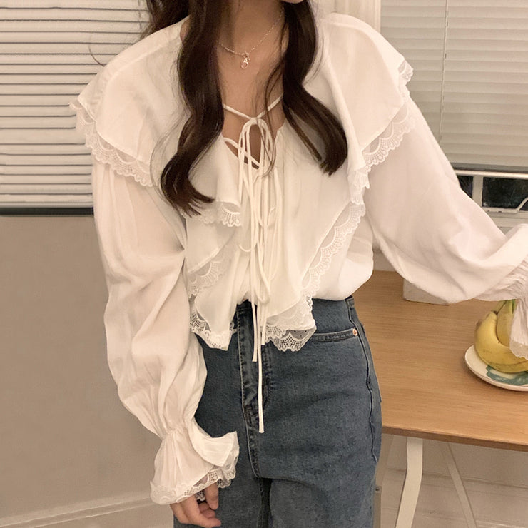 Ruffled Lace Up Chiffon Shirt, Stylish Women V-neck Shirt Top, Designer Chic Top, Ruffle Blouse, Relaxed Fit Fashion Shirt 1 1   