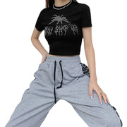 Spider Web Gothic Rave Crop Top, Round Neck Streetwear Spider Tops, Short Sleeve Aesthetic opiumcore Tshirt 1 1   