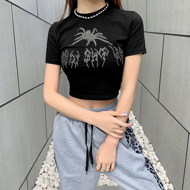 Spider Web Gothic Rave Crop Top, Round Neck Streetwear Spider Tops, Short Sleeve Aesthetic opiumcore Tshirt 1 1   