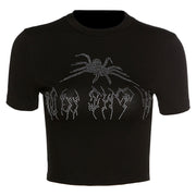 Spider Web Gothic Rave Crop Top, Round Neck Streetwear Spider Tops, Short Sleeve Aesthetic opiumcore Tshirt 1 1 Black S 