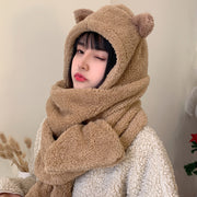 Kida And Adults Cute Balaclava, Three-Piece Warm Bear Hat Scarf And Gloves, Warm Fleece Beanies Cap Cartoon Rabbit Panda 1 Love Your Mom Brown  