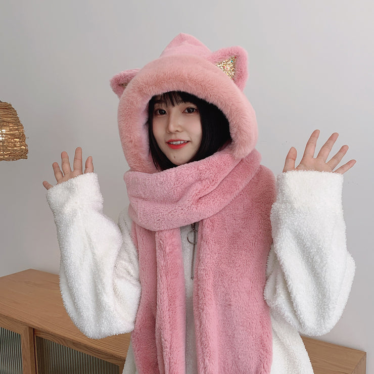 Kida And Adults Cute Balaclava, Three-Piece Warm Bear Hat Scarf And Gloves, Warm Fleece Beanies Cap Cartoon Rabbit Panda 1 Love Your Mom Pink  