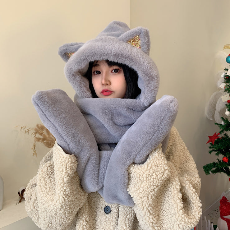 Kida And Adults Cute Balaclava, Three-Piece Warm Bear Hat Scarf And Gloves, Warm Fleece Beanies Cap Cartoon Rabbit Panda 1 Love Your Mom Blue  