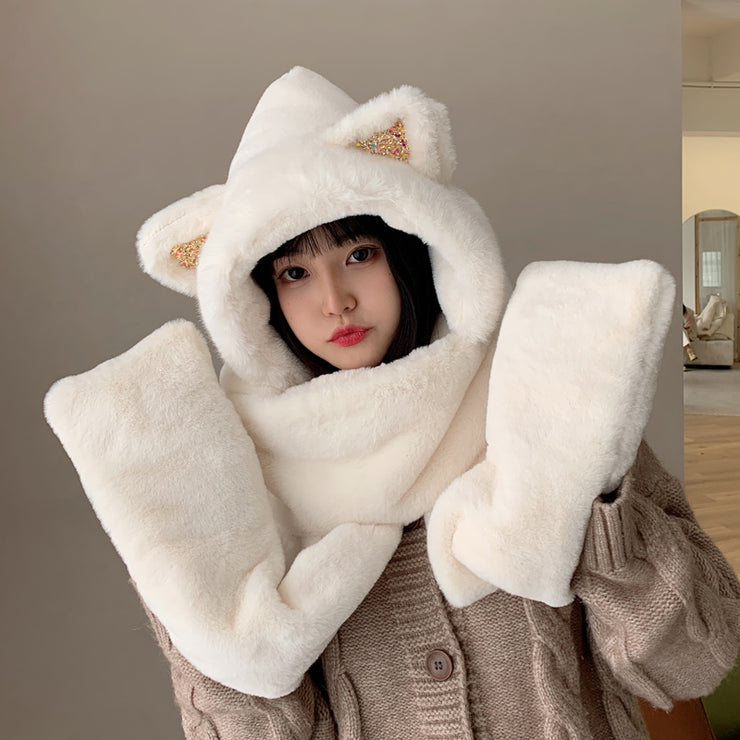 Kida And Adults Cute Balaclava, Three-Piece Warm Bear Hat Scarf And Gloves, Warm Fleece Beanies Cap Cartoon Rabbit Panda 1 Love Your Mom White  