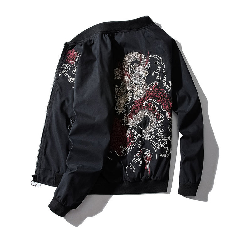 Embroidery Dragon Pattern Baseball Bomber Jacket Coat, Japan Rave Streetwear Techwear Jacket loveyourmom Love Your Mom   