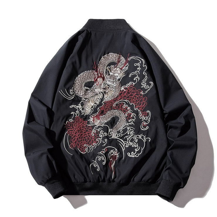 Embroidery Dragon Pattern Baseball Bomber Jacket Coat, Japan Rave Streetwear Techwear Jacket loveyourmom Love Your Mom Thin 2XL 