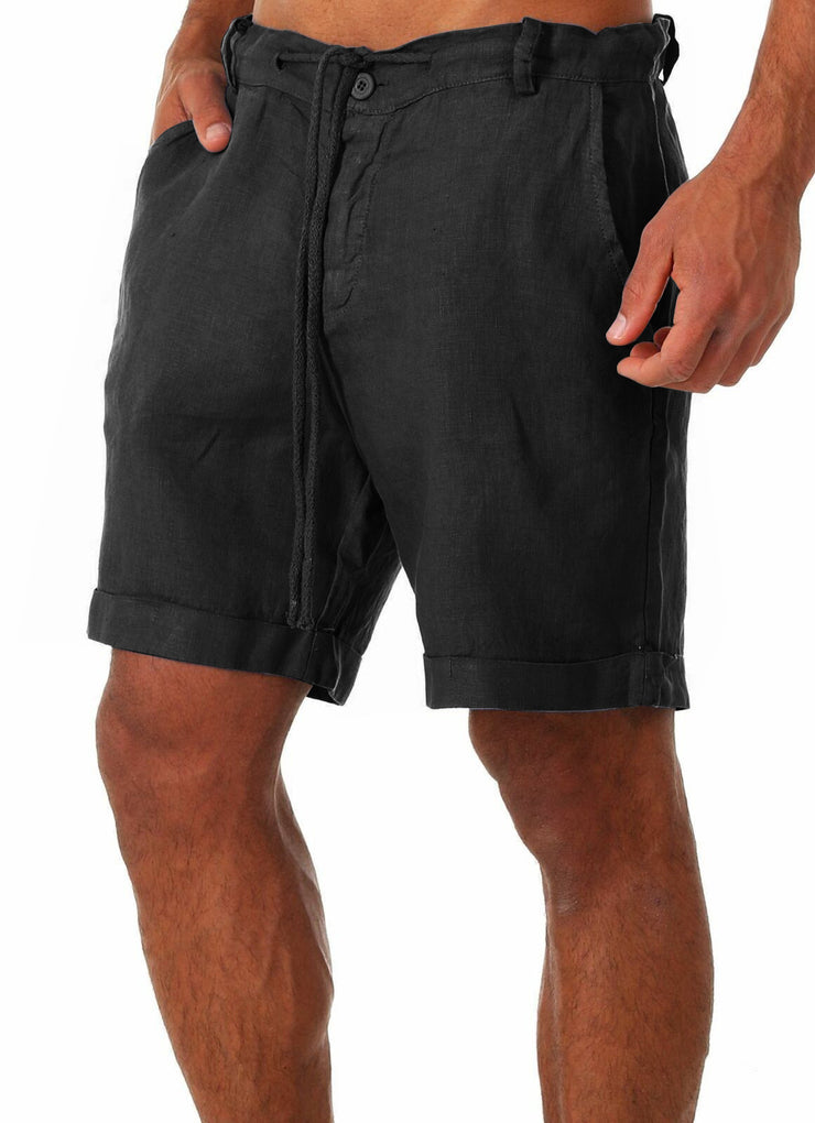 Man Linen Shorts, Casual Lace-up Sweatpants, Summer Cotton Casual Trunks - Color: white, green, black, blue, beige 1 1 Black 2XL 
