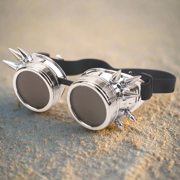 Steampunk Burning Man Festival Protective Glasses With Rivets, Cool windproof Rave Outdoor SunGlasses loveyourmom Love Your Mom Bright silver  