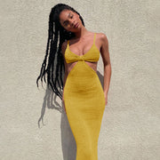 Summer Sexy Sleeveless BodyconDeep V-Neck Cutout Spaghetti Strap Dress 1 Love Your Mom Yellow L 