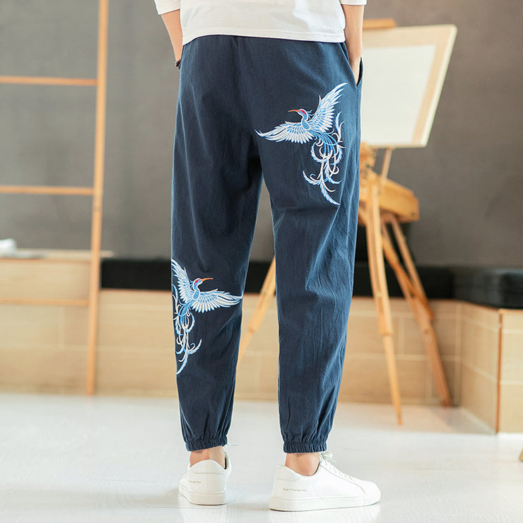 Chinese Japan Style Embroidery Pants | Bird Tao Zen streetwear Loose Size Bloomers Linen Trousers  | Cotton Linen Elastic Waist Pants Nine Points Casual Pants 1 1 Blue 2XL 