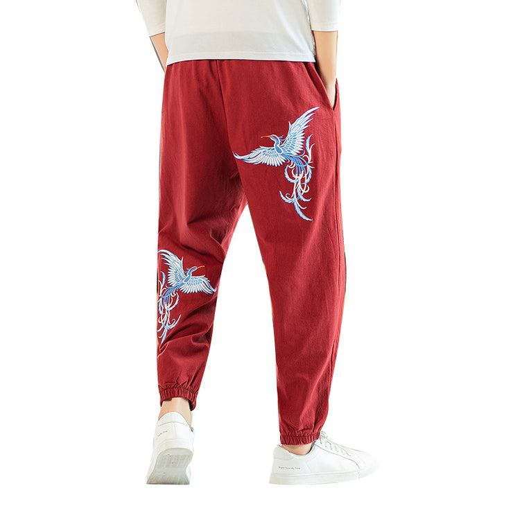 Chinese Japan Style Embroidery Pants | Bird Tao Zen streetwear Loose Size Bloomers Linen Trousers  | Cotton Linen Elastic Waist Pants Nine Points Casual Pants 1 1 Red 2XL 