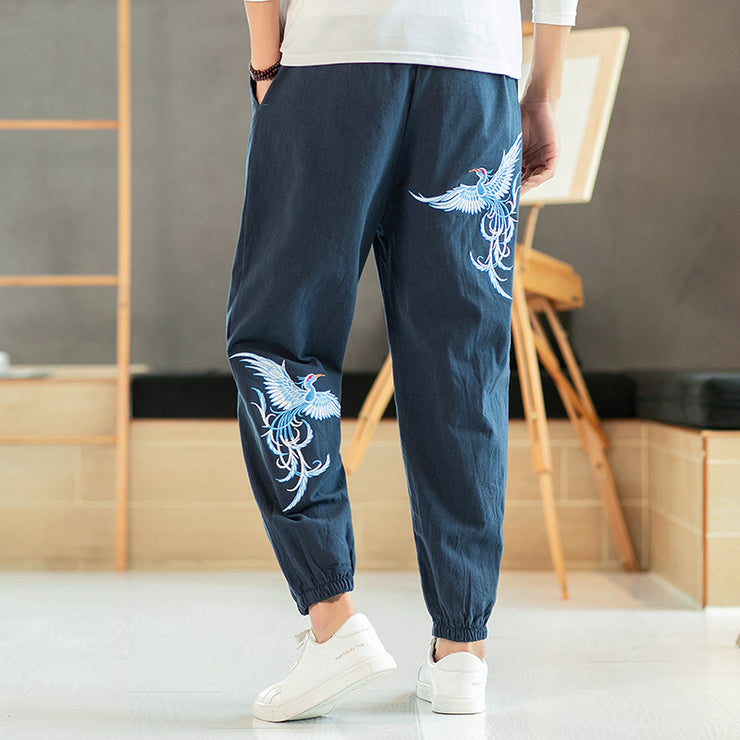 Chinese Japan Style Embroidery Pants | Bird Tao Zen streetwear Loose Size Bloomers Linen Trousers  | Cotton Linen Elastic Waist Pants Nine Points Casual Pants 1 1   